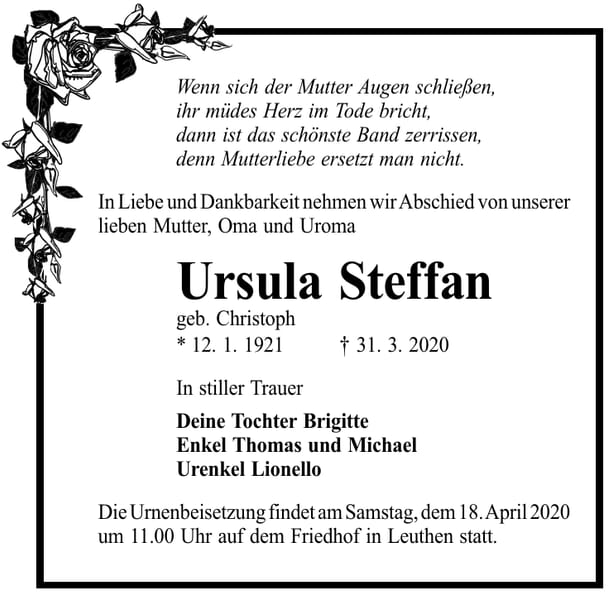 Traueranzeige Ursula Steffan, geb. Christoph