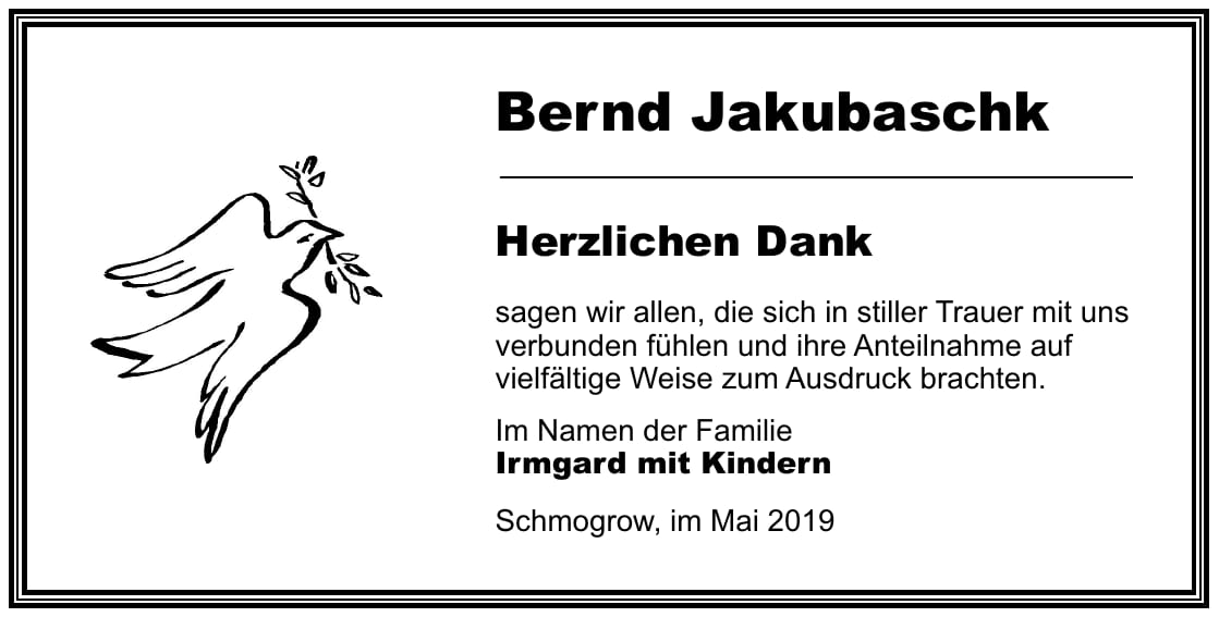 Danksagung Bernd Jakubaschk