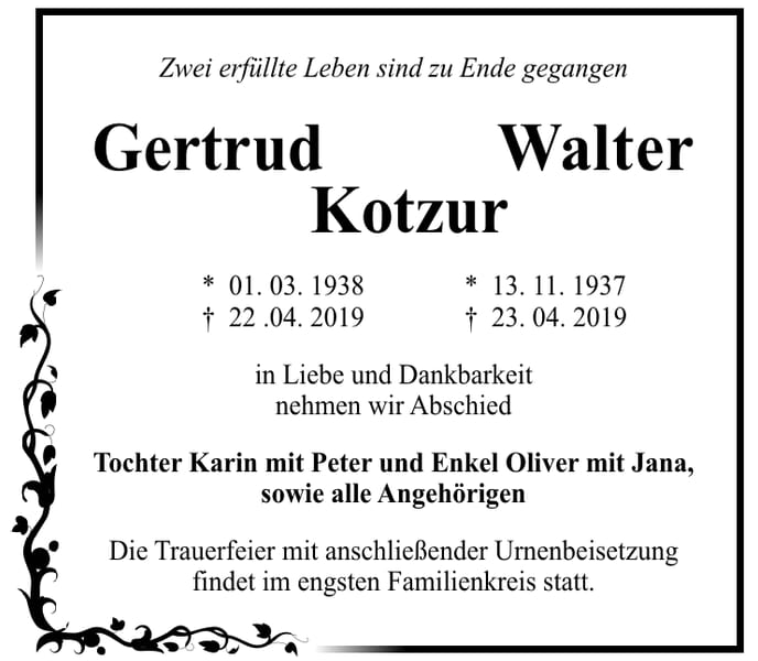 Traueranzeige Gertrud Walter Kotzur