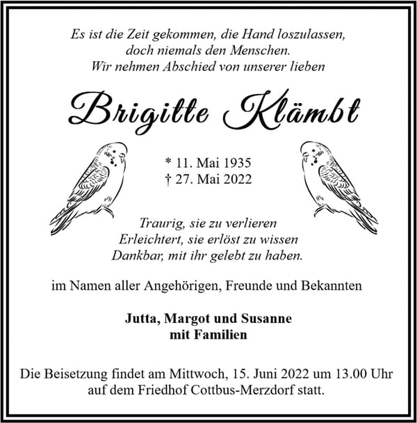 Traueranzeige Brigitte Klämbt