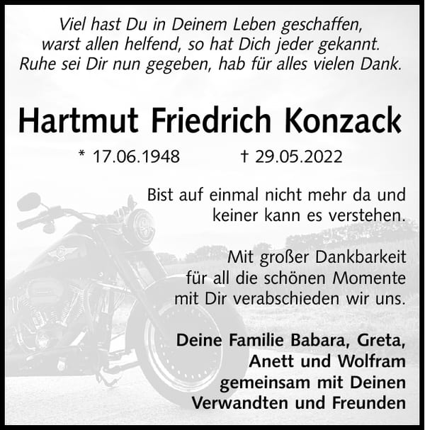 Traueranzeige Hartmut Friedrich Konzack