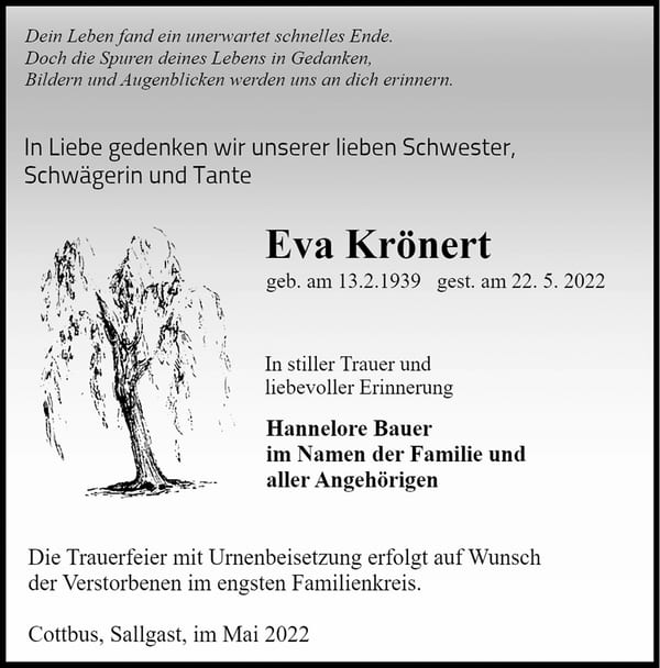 Traueranzeige Eva Krönert