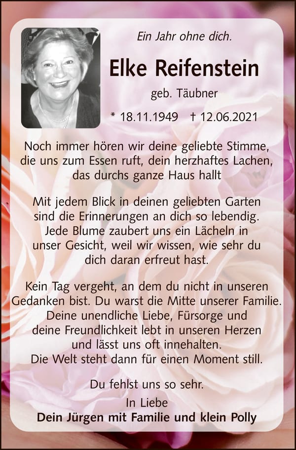 Jahresgedenken Elke Reifenstein, geb. Täubner
