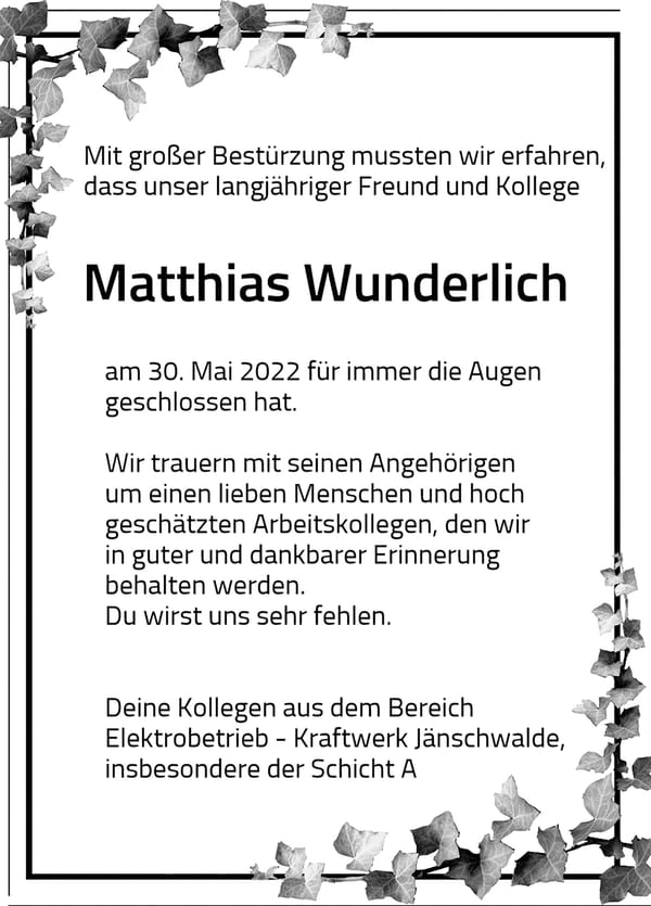 Nachruf Matthias Wunderlich