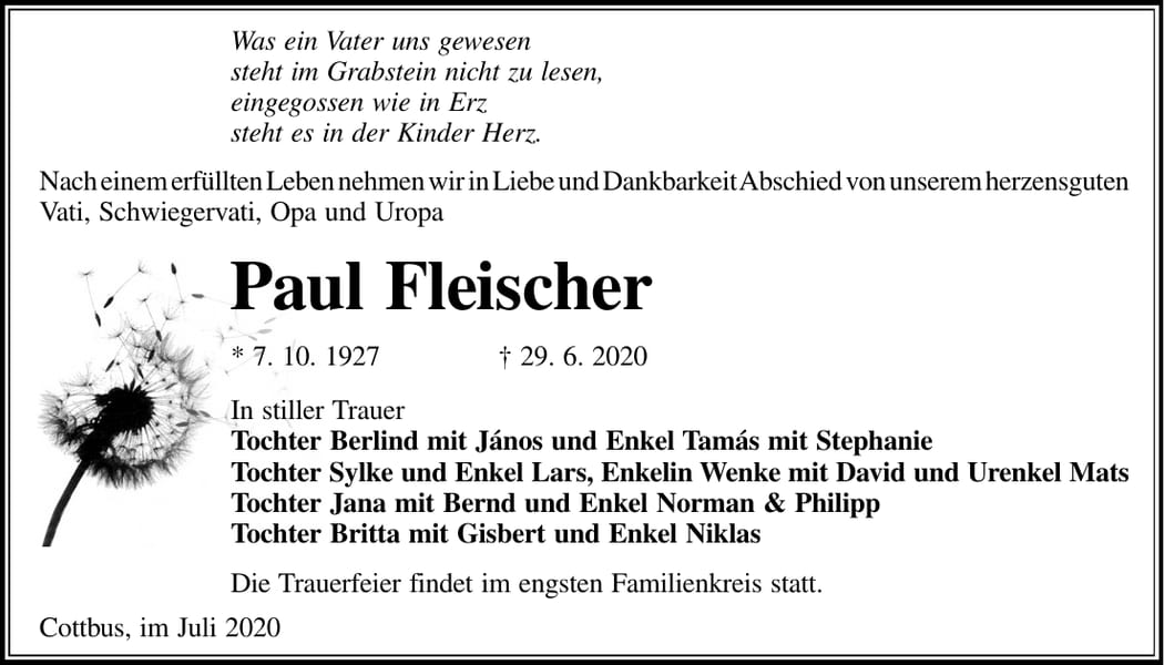 Traueranzeige Paul Fleischer