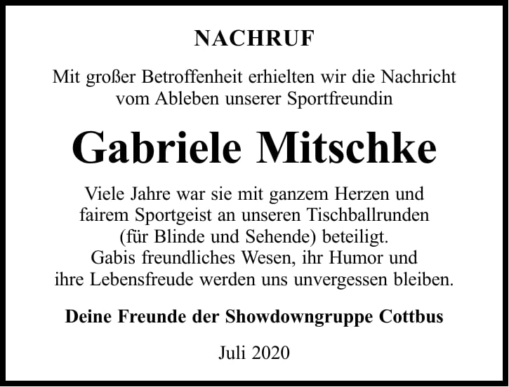 Traueranzeige Gabriele Mitschke
