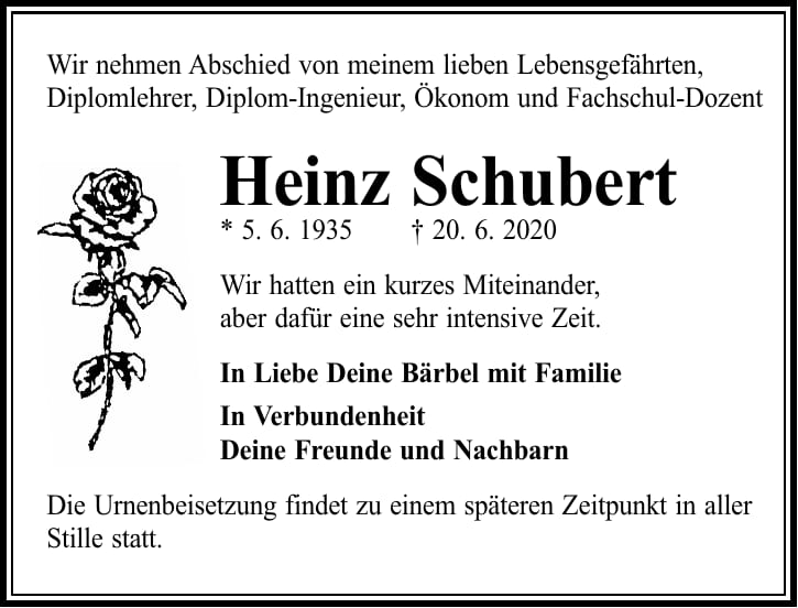 Traueranzeige Heinz Schubert