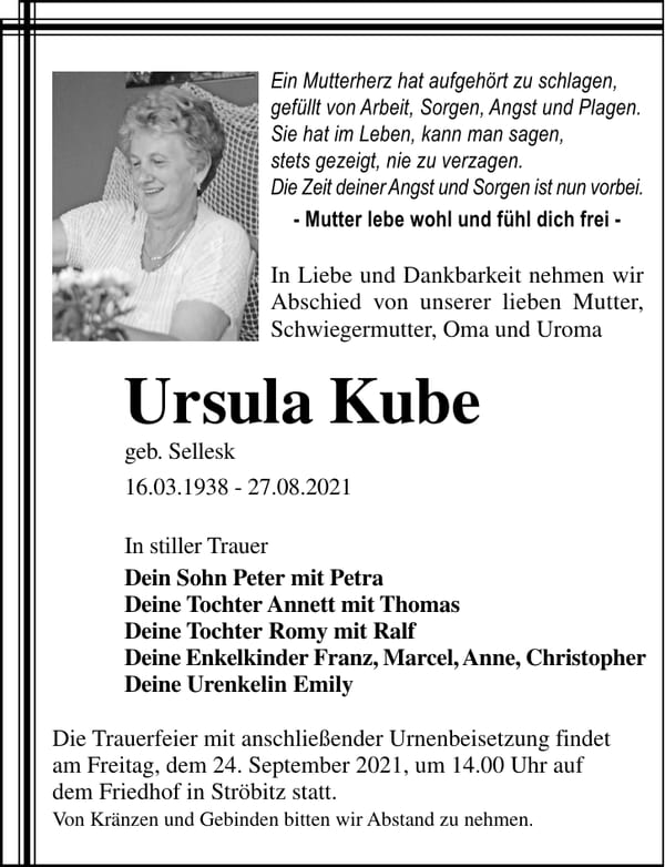 Traueranzeige Ursula Kube, geb. Sellesk