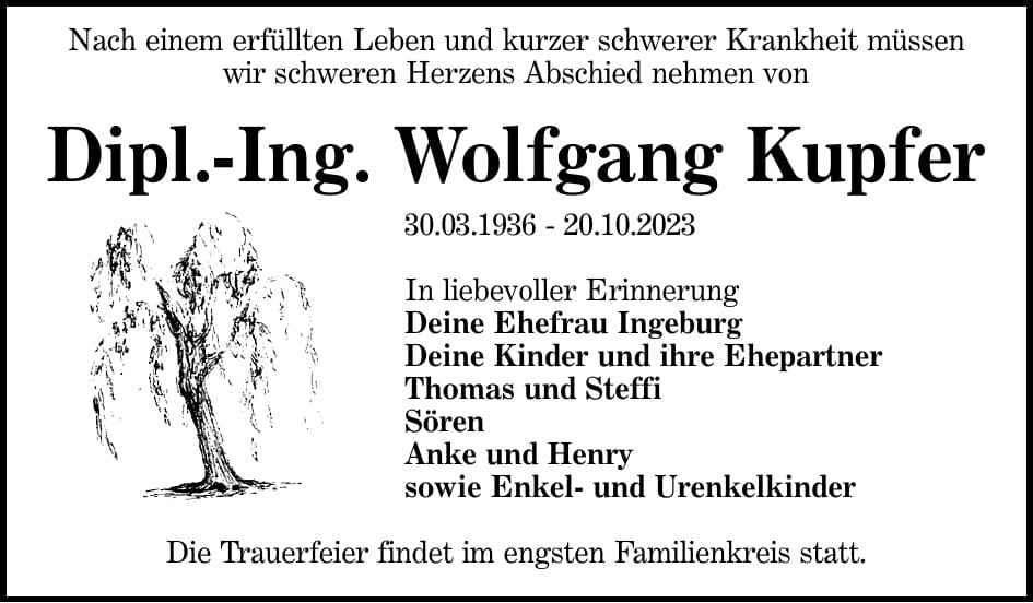 Traueranzeige Dipl.-Ing. Wolfgang Kupfer
