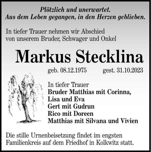 Traueranzeige Markus Stecklina