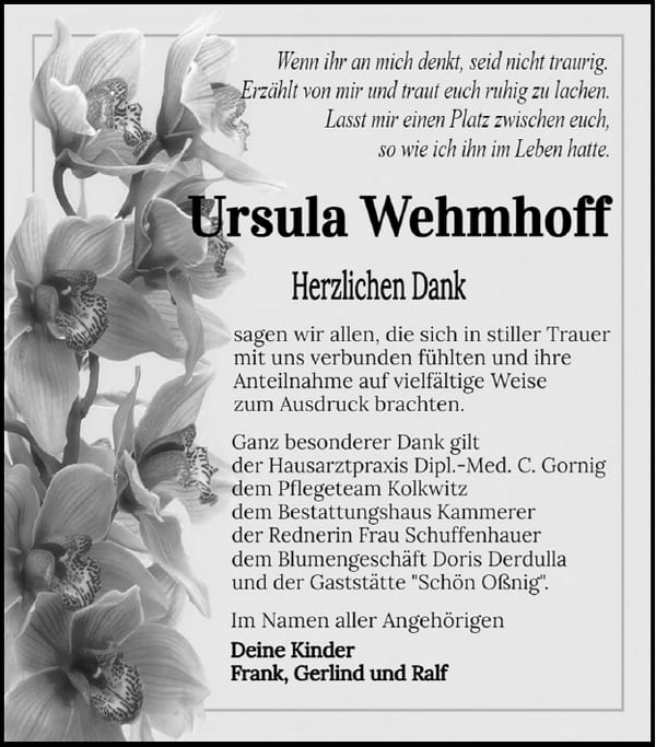 Danksagung Irsula Wehmhofft