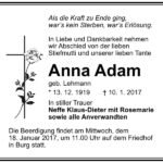 Traueranzeige Anna Adam, geb. Lehmann