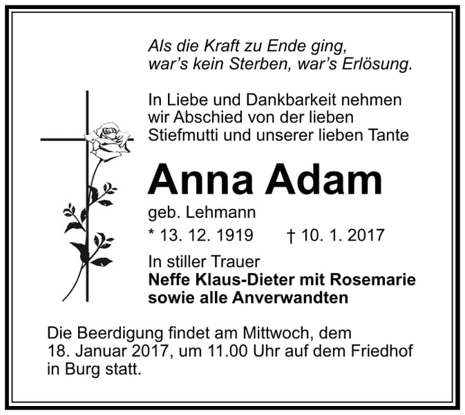 Traueranzeige Anna Adam, geb. Lehmann