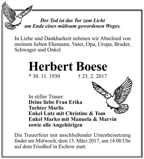 Traueranzeige Herbert Boese