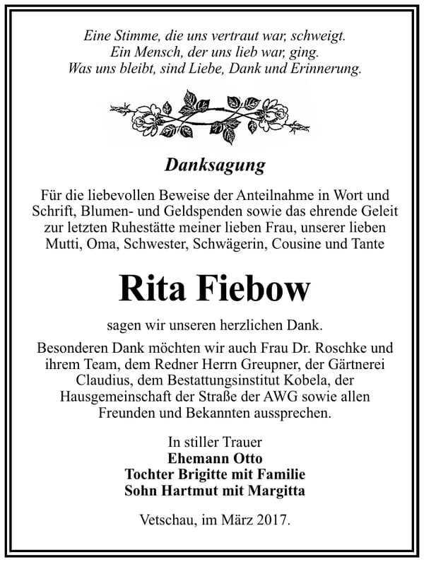 Danksagung Rita Fiebow
