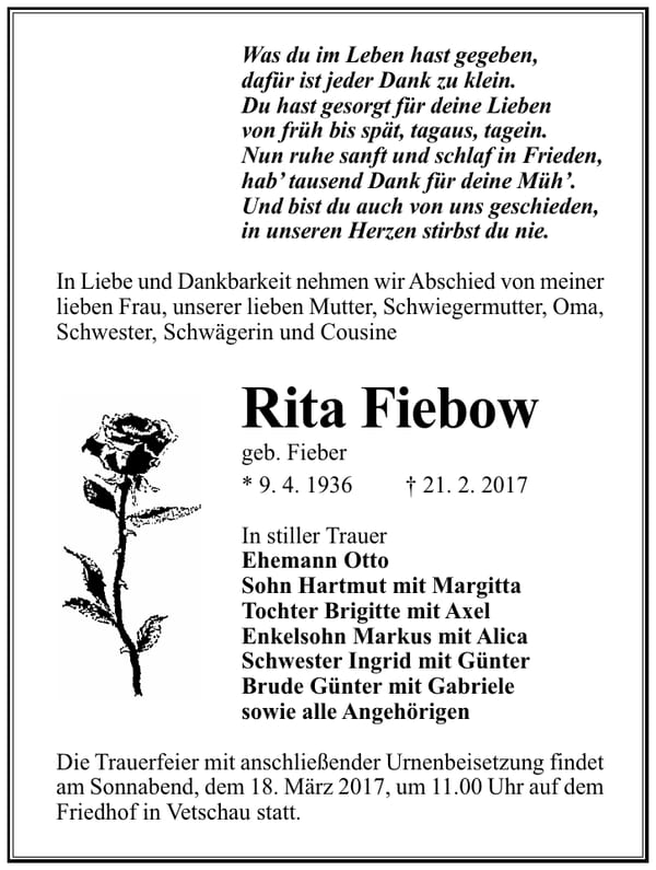 Traueranzeige Rita Fiebow, geb. Fieber