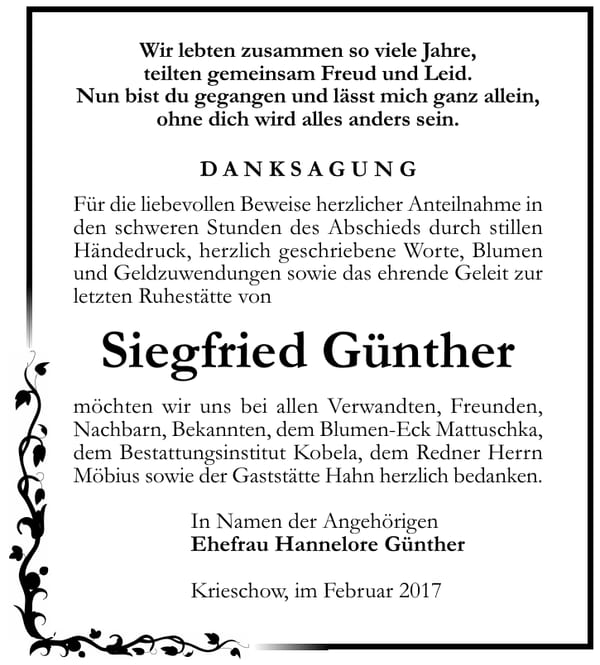 Danksagung Siegfried Günther