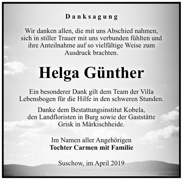 Traueranzeige Helga Günther