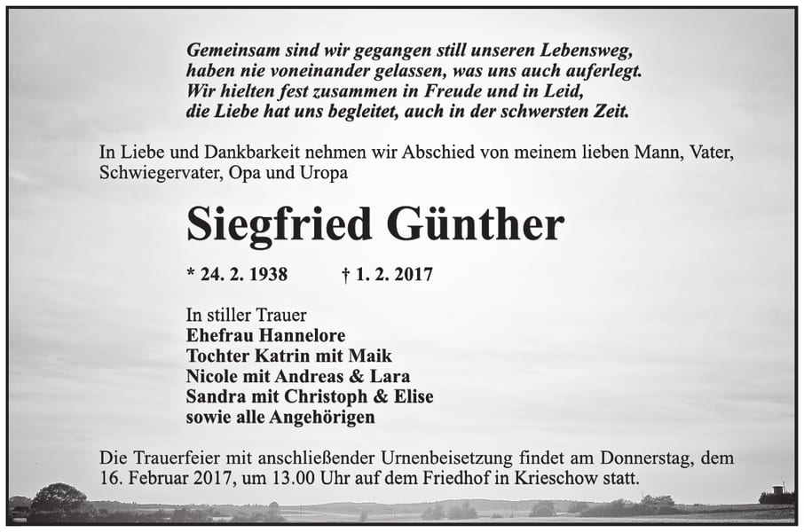 Traueranzeige Siegfried Günther