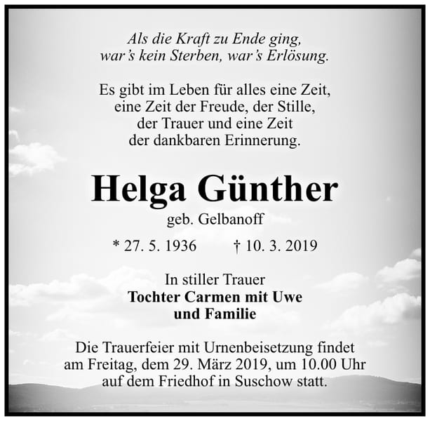 Traueranzeige Helga Günther, geb. Gelbanoff