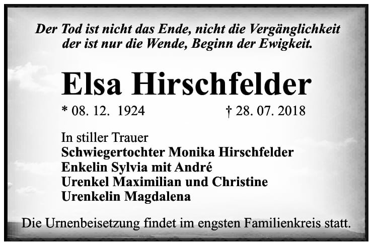 Traueranzeige Elsa Hirschfelder