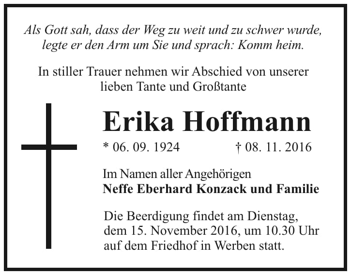 Traueranzeige Erika Hoffmann