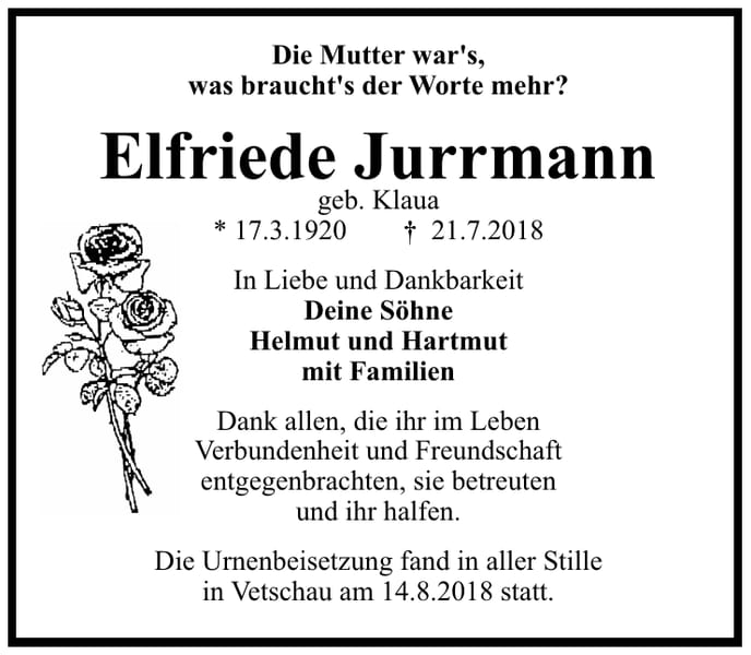 Danksagung Elfriede Jurrmann, geb. Klaua