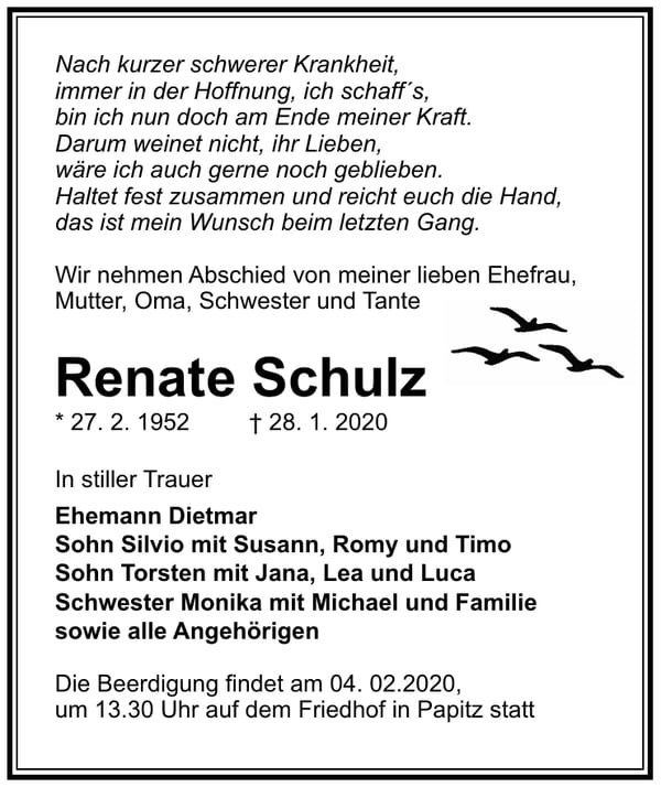 Traueranzeige Renate Schulz