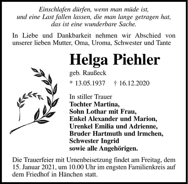 Traueranzeige Helga Piehler, geb. Raußeck