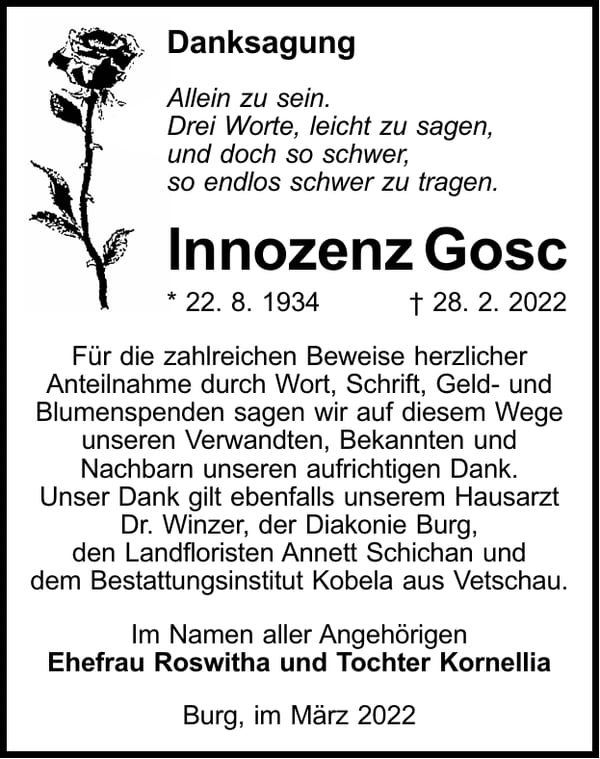 Danksagung Innozenz Gosc