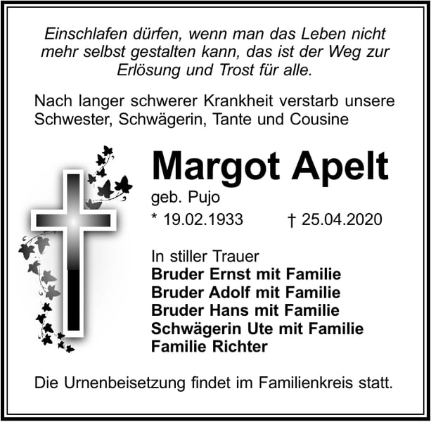 Traueranzeige Margot Apelt, geb. Pujo