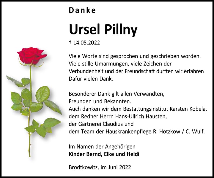 Danksagung Ursel Pillny