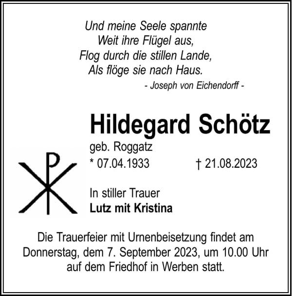 Traueranzeige Hildegard Schötz, geb. Roggatz