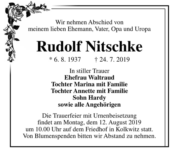Traueranzeige Rudolf Nitschke