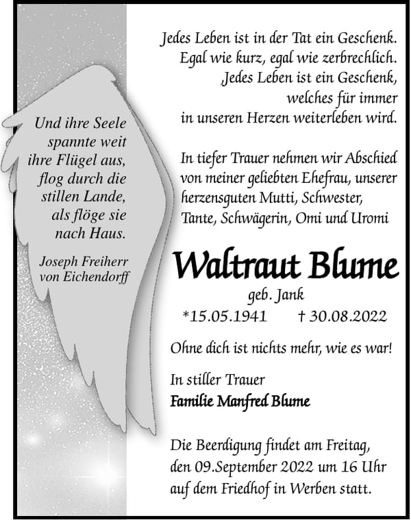 Traueranzeige Waltraut Blume, geb. Jank