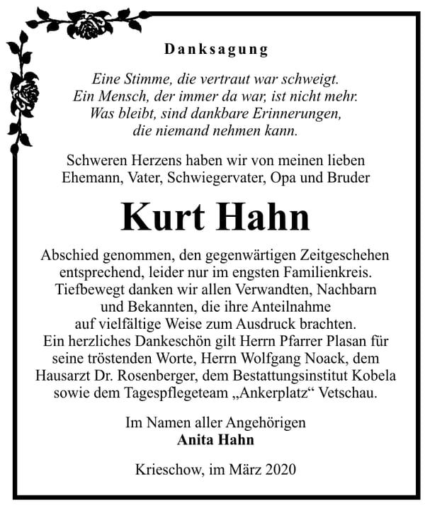 Traueranzeige Kurt Hahn