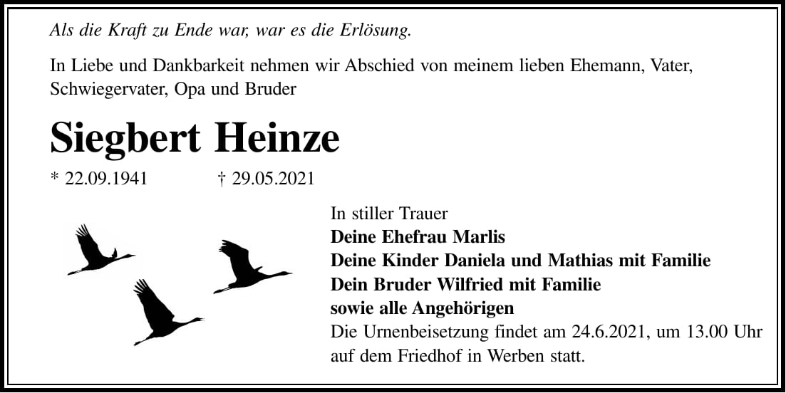 Traueranzeige Siegbert Heinze