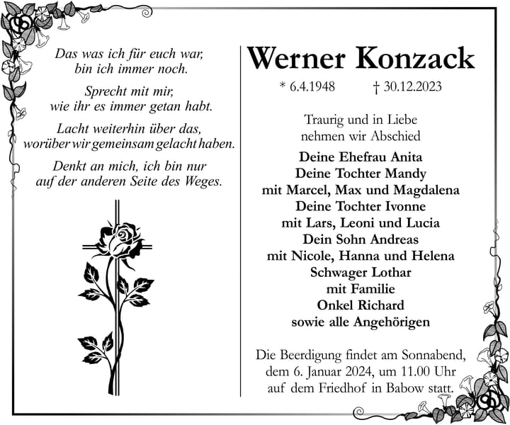 Traueranzeige Werner Konzack