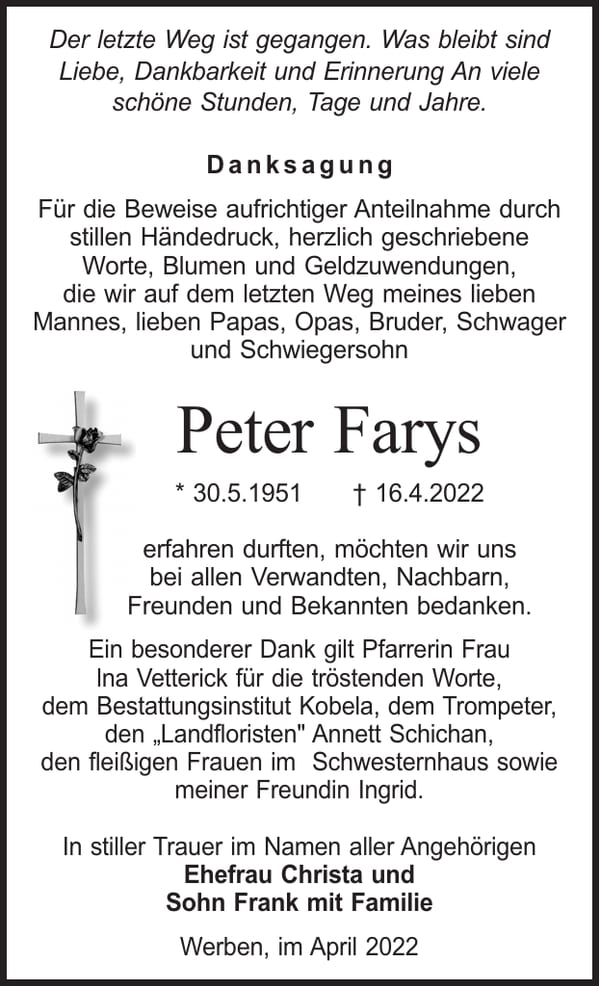 Danksagung Peter Farys