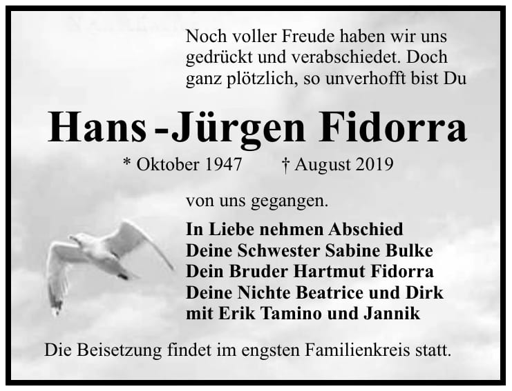 Traueranzeige Hans - Jürgen Fidorra