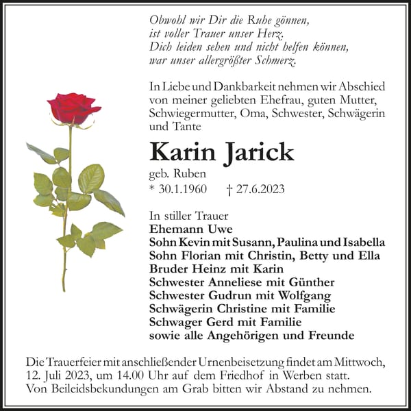 Traueranzeige Karin Jarick, geb. Ruben
