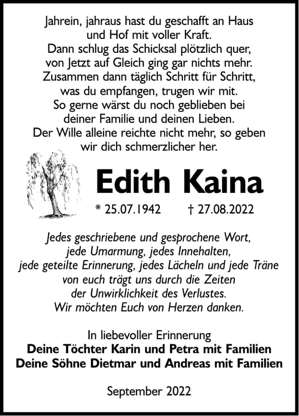 Traueranzeige Edith Kaina