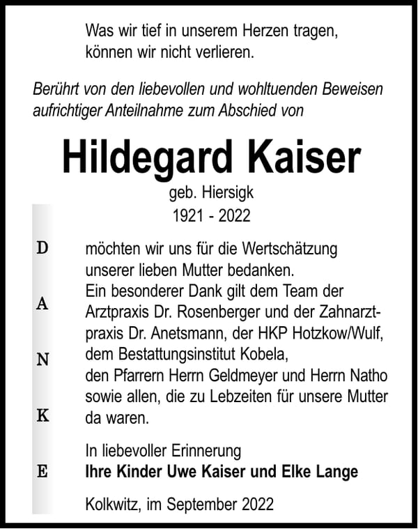 Danksagung Hildegard Kaiser, geb. Hiersig