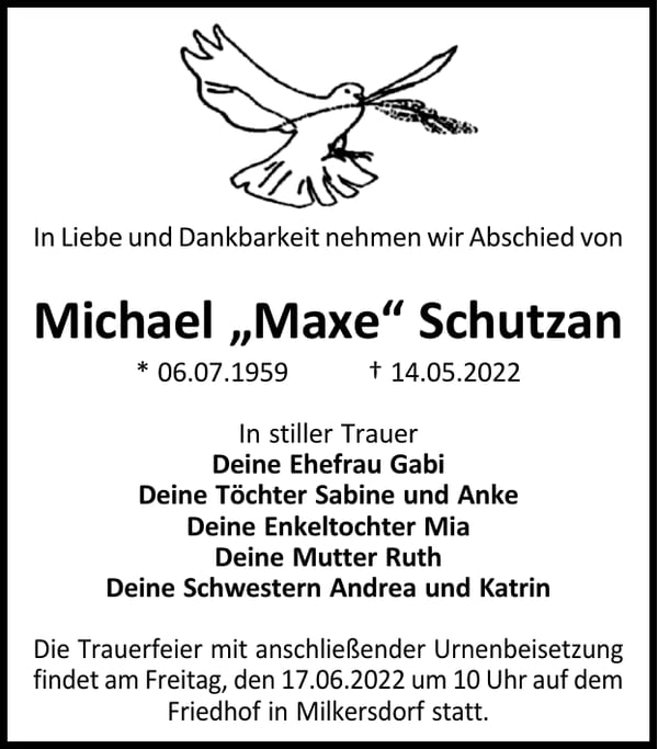 Traueranzeige Michael „Maxe“ Schutzan