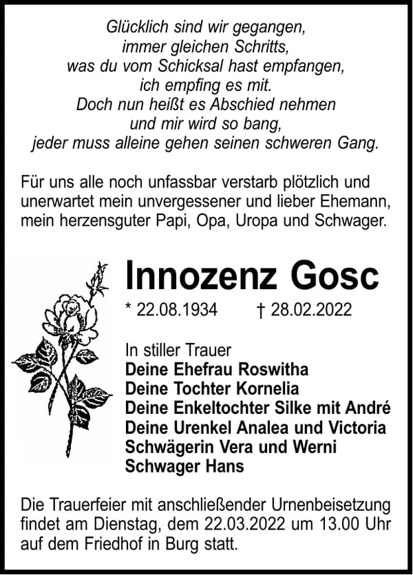 Traueranzeige Innozenz Gosc