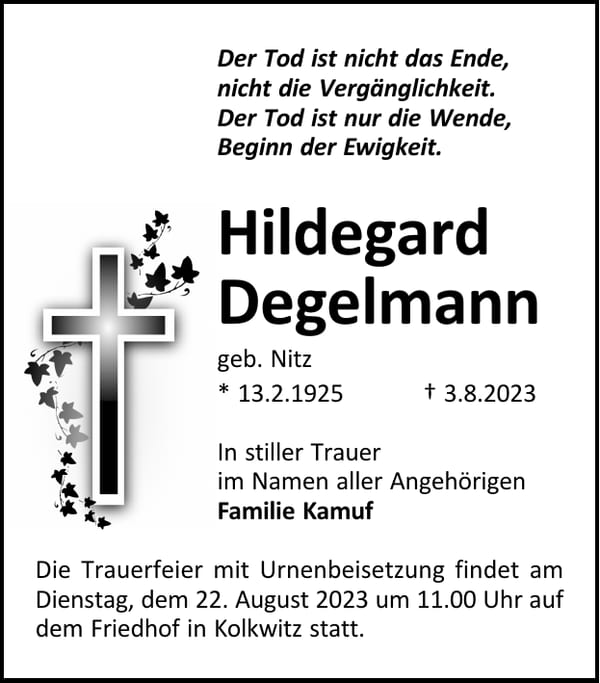 Traueranzeige Hildegard Degelmann, geb. Nitz