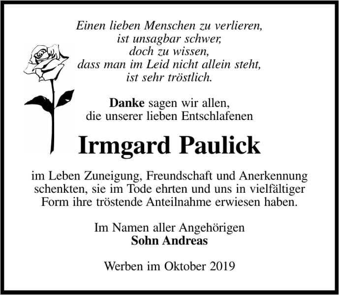 Danksagung Irmgard Paulick