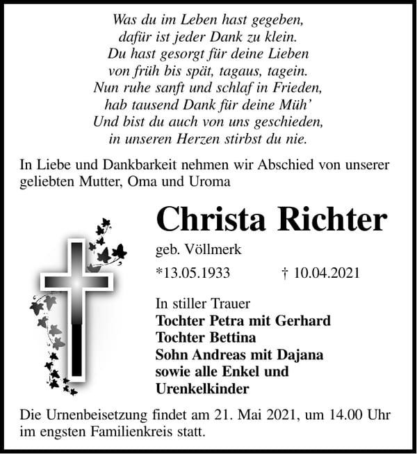Traueranzeige Christa Richter, geb. Völlmerk