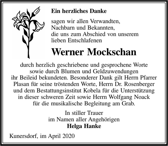 Danksagung Werner Mockschan