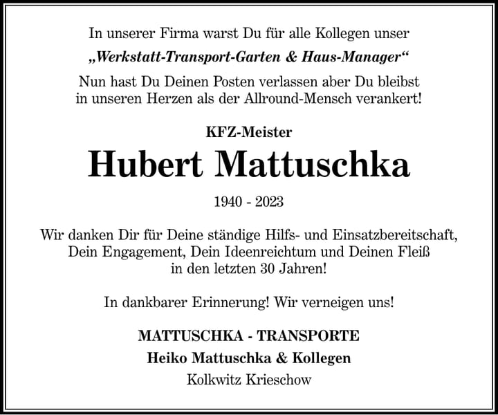 Nachruf Hubert Mattuschka